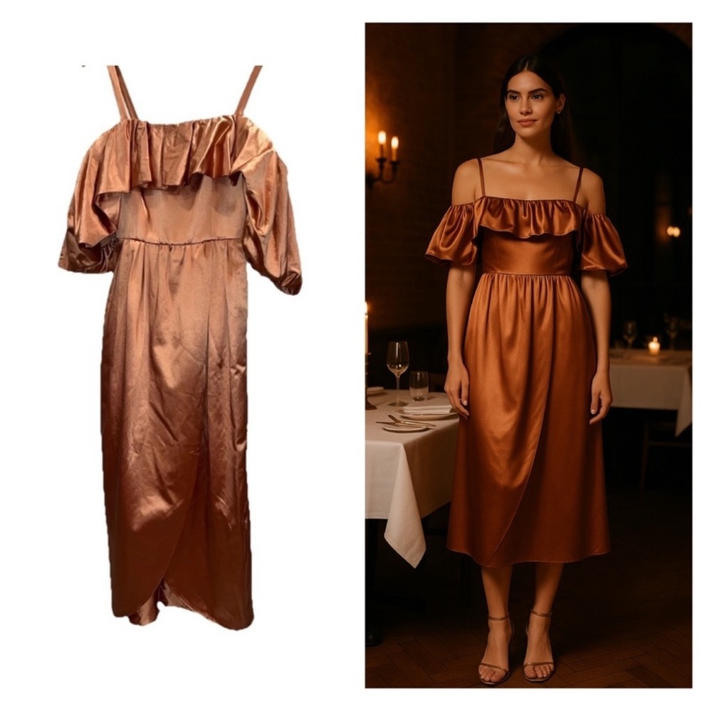 Ulla Johnson Lelita Runway Satin Off Shoulder Midi Maxi Copper Dress NEW 2